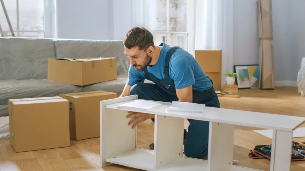 Handyman assembling a white cabinet among moving boxes