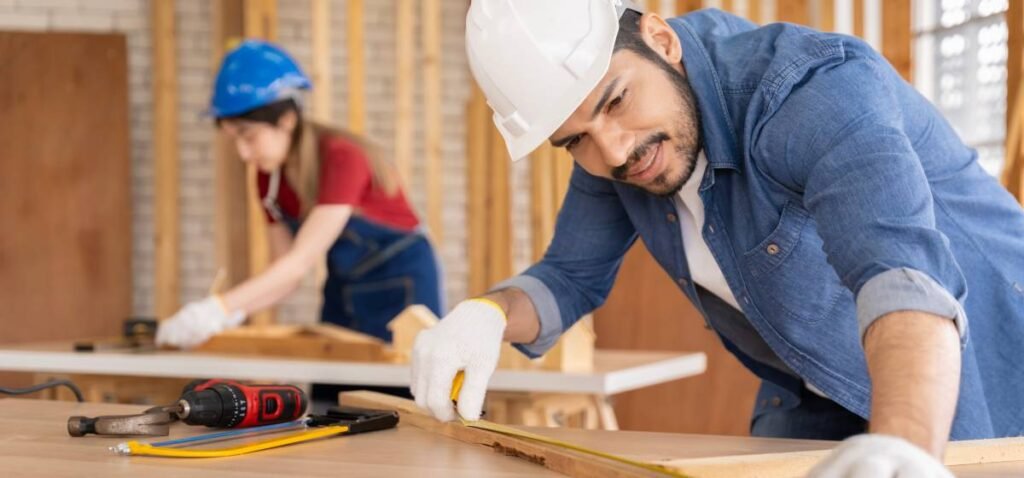 Handyman and helper assembling furniture