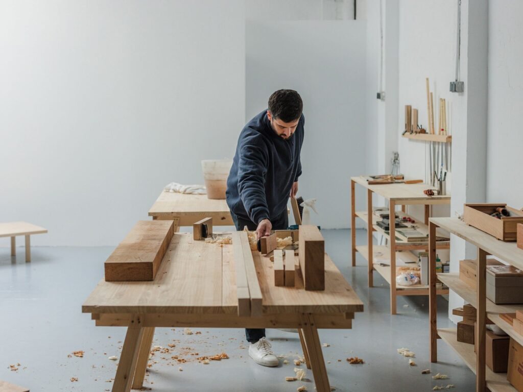 Carpenter building a wooden table in a workshop