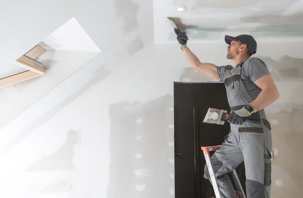 Drywall finisher applying joint compound to a ceiling