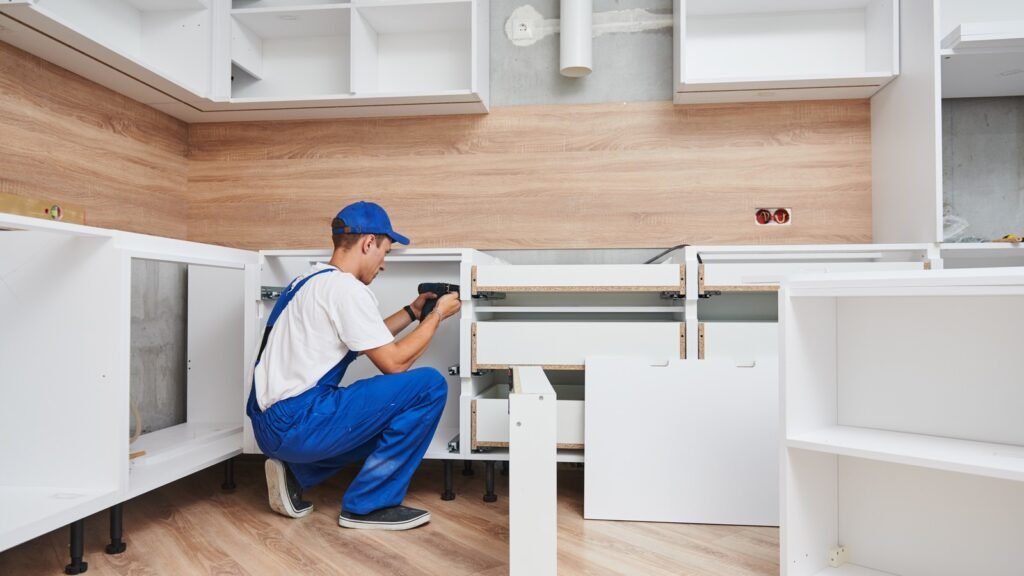 Handyman assembling kitchen base cabinets