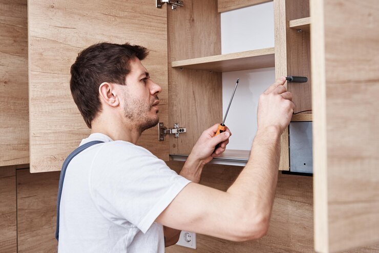 Handyman adjusting a kitchen cabinet door hinge