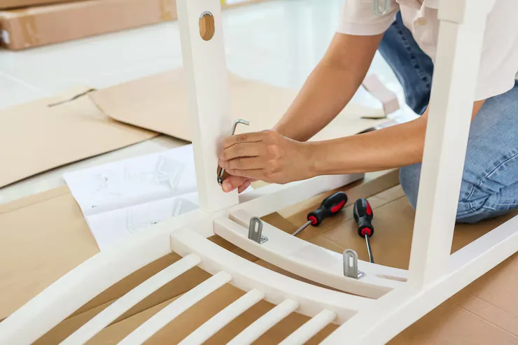 Hands assembling a white wooden chair