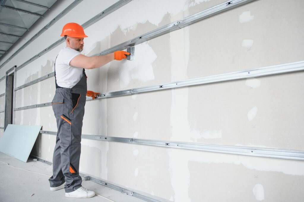 Worker installing drywall on metal studs