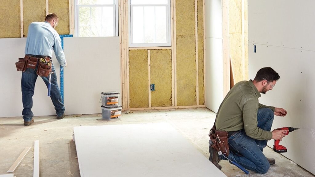 Contractors hanging drywall during a renovation