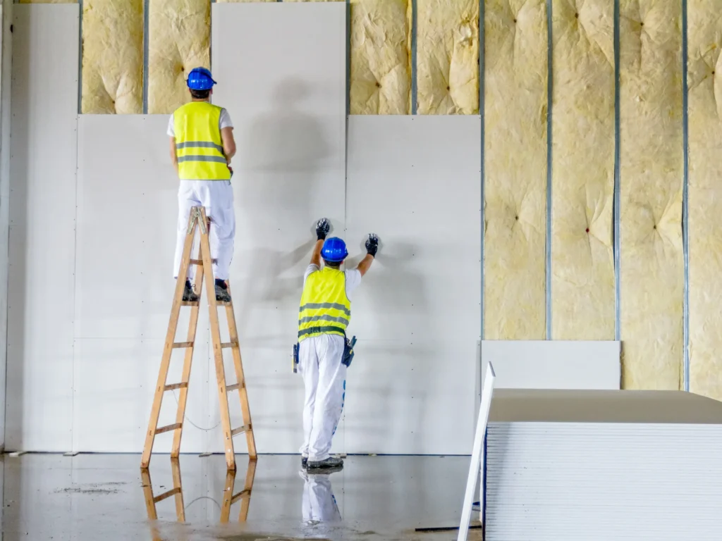 Workers installing drywall over insulation