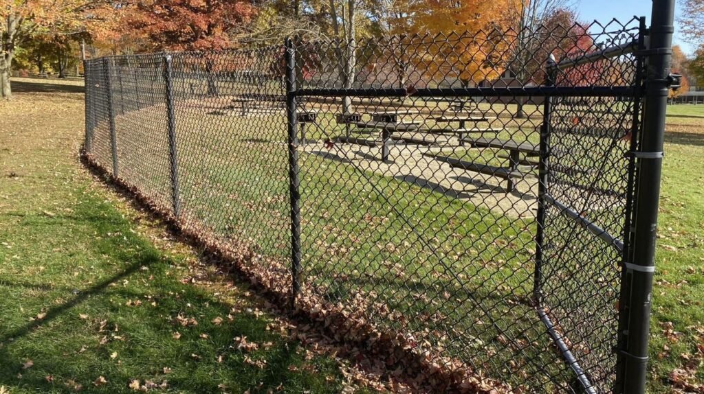 Black chain link fence around a park